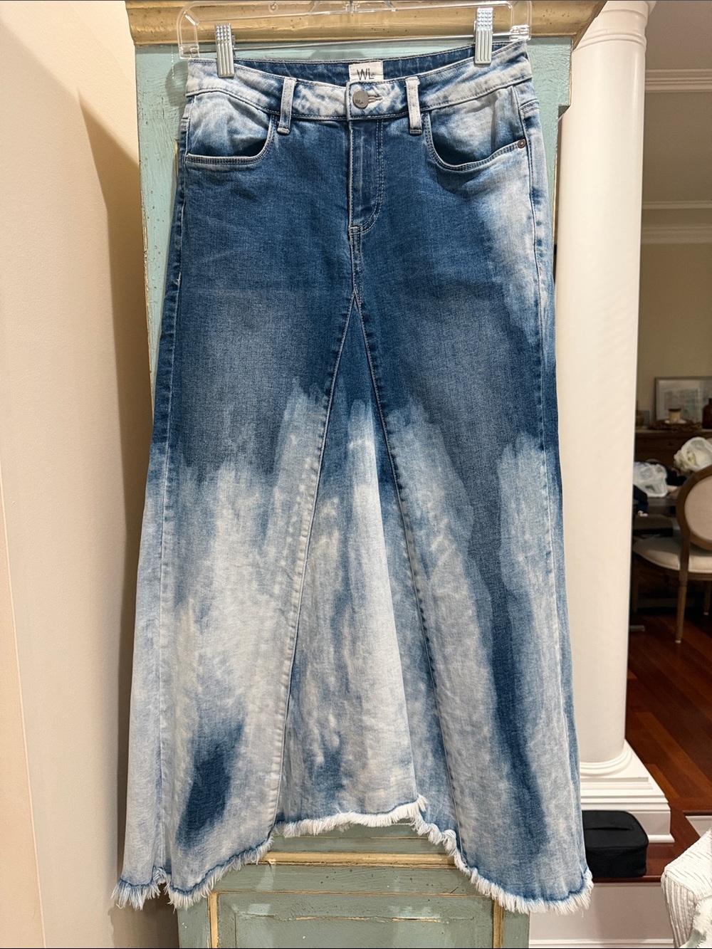 WASH LAB Selma Denim Maxi Skirt 26 Acid Wash Pieced Raw Hem Asymmetric Y2K Boho